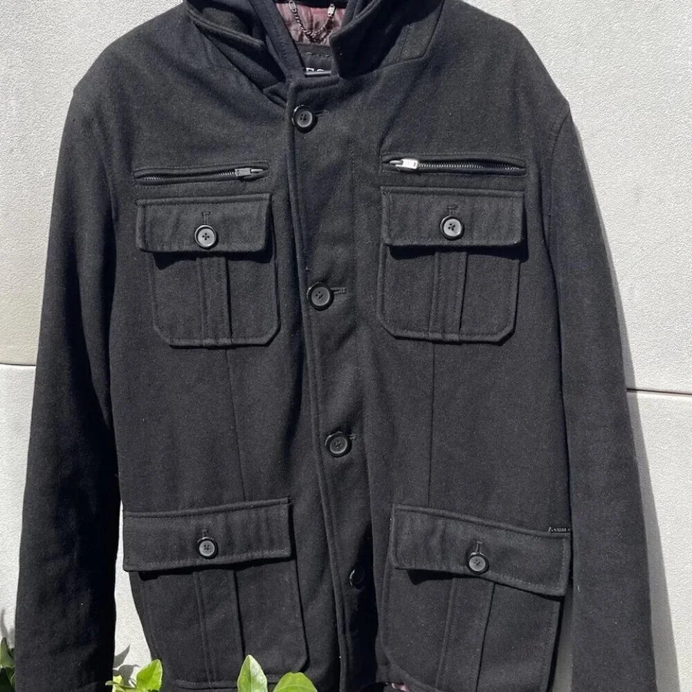 Vintage Guess Men’s Sz L Wool Long Pea Coat Black Full Zip Quilted Lining Hood